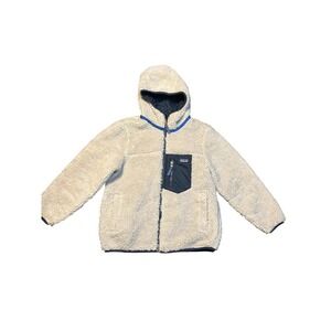 Patagonia Reversible Hooded Fleece Puffer Jacket Kids Size Large Navy Cream coat